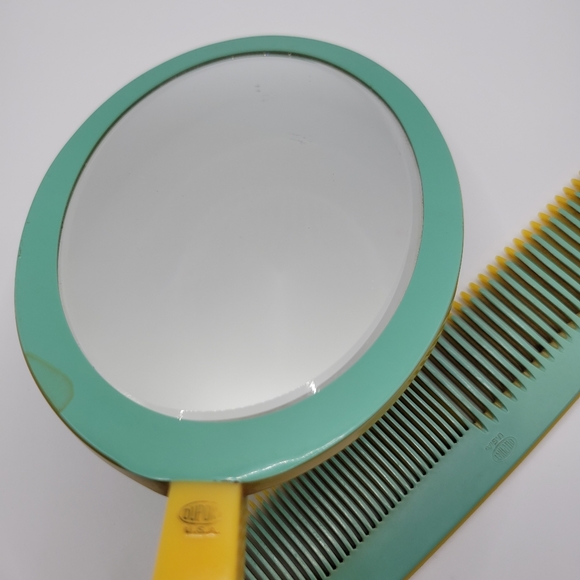 VTG Vanity Set | Mirror & Comb | Blue & Yellow | Dupont | Made in the USA - Picture 2 of 11